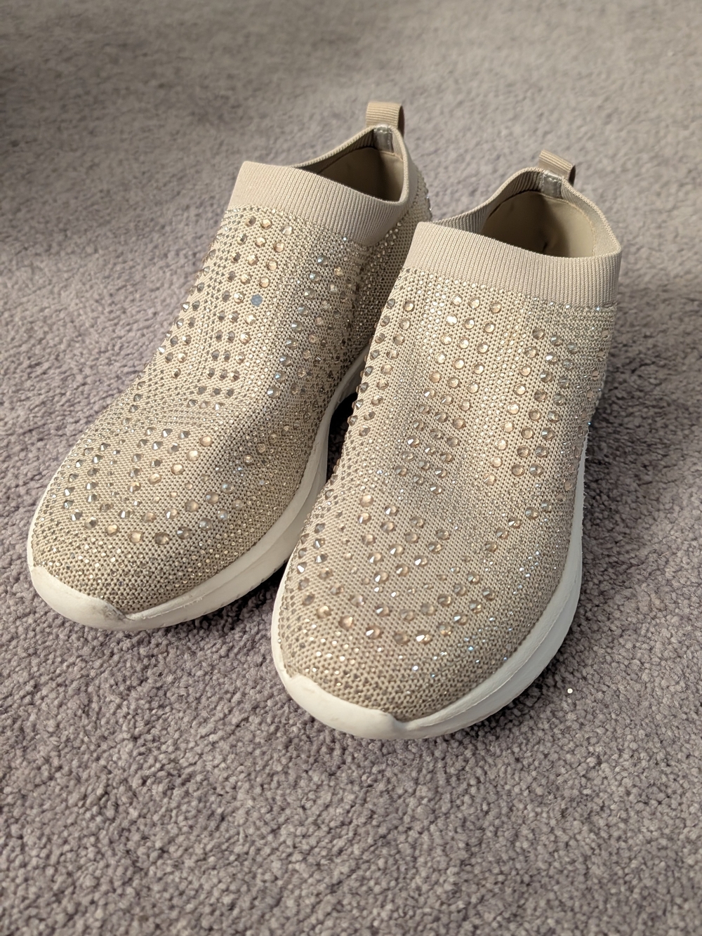 Knit Slip-On Sneakers with Crystal Stud Accents - Beige